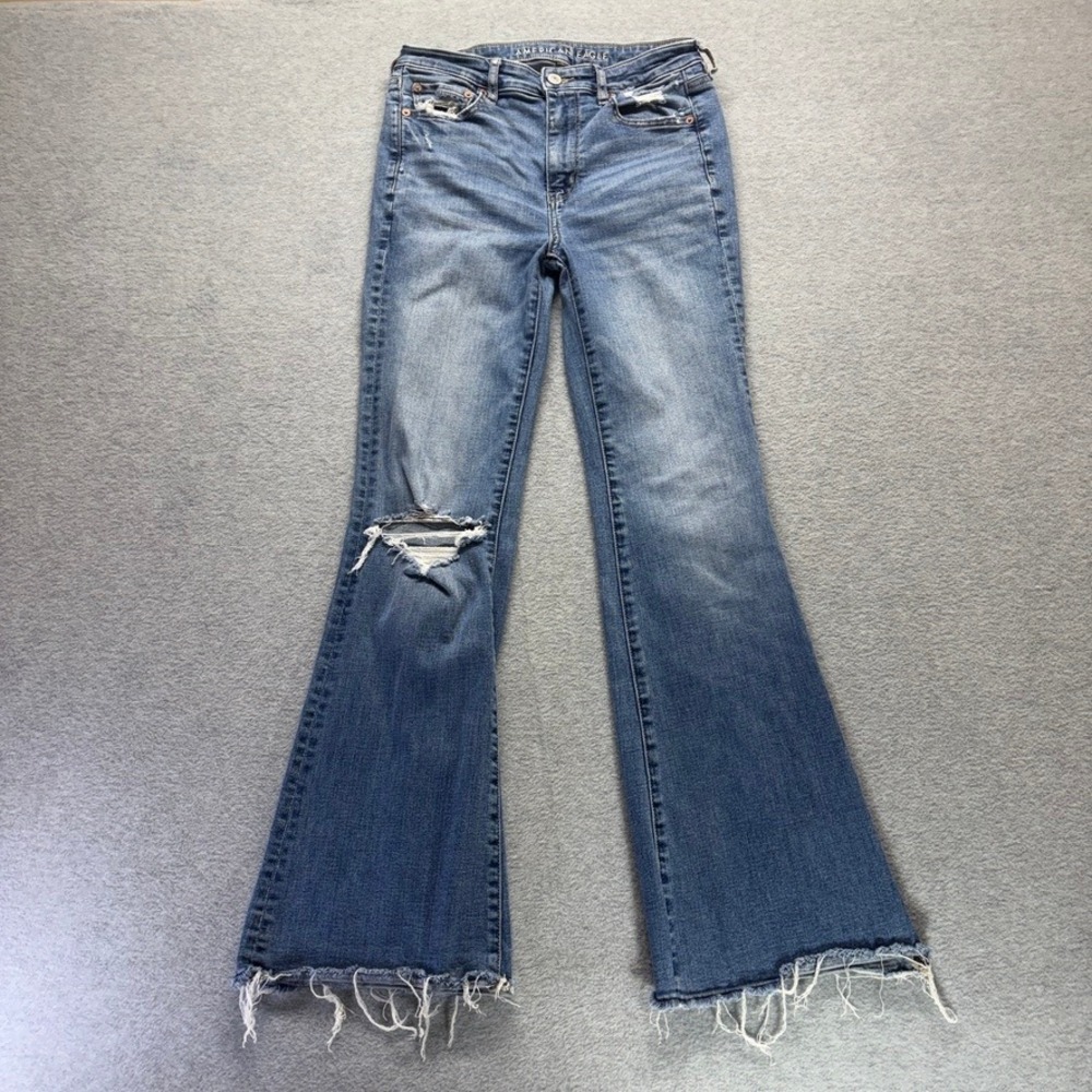 American Eagle Jeans Womens 4 Super Hi-Rise Flare Distressed Medium Wash Denim